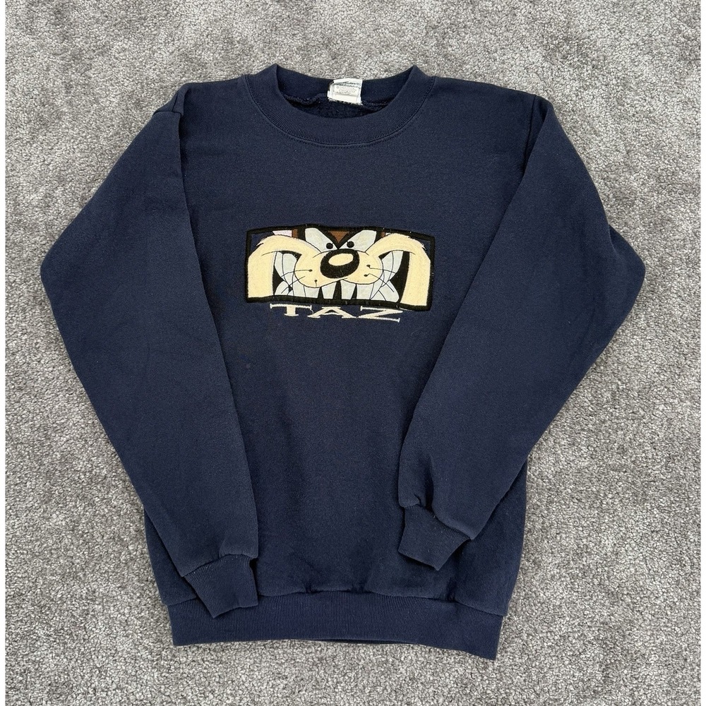 VTG 90s Looney Tunes Taz Embroidered Crewneck Sweatshirt‎ Navy Blue Box Logo